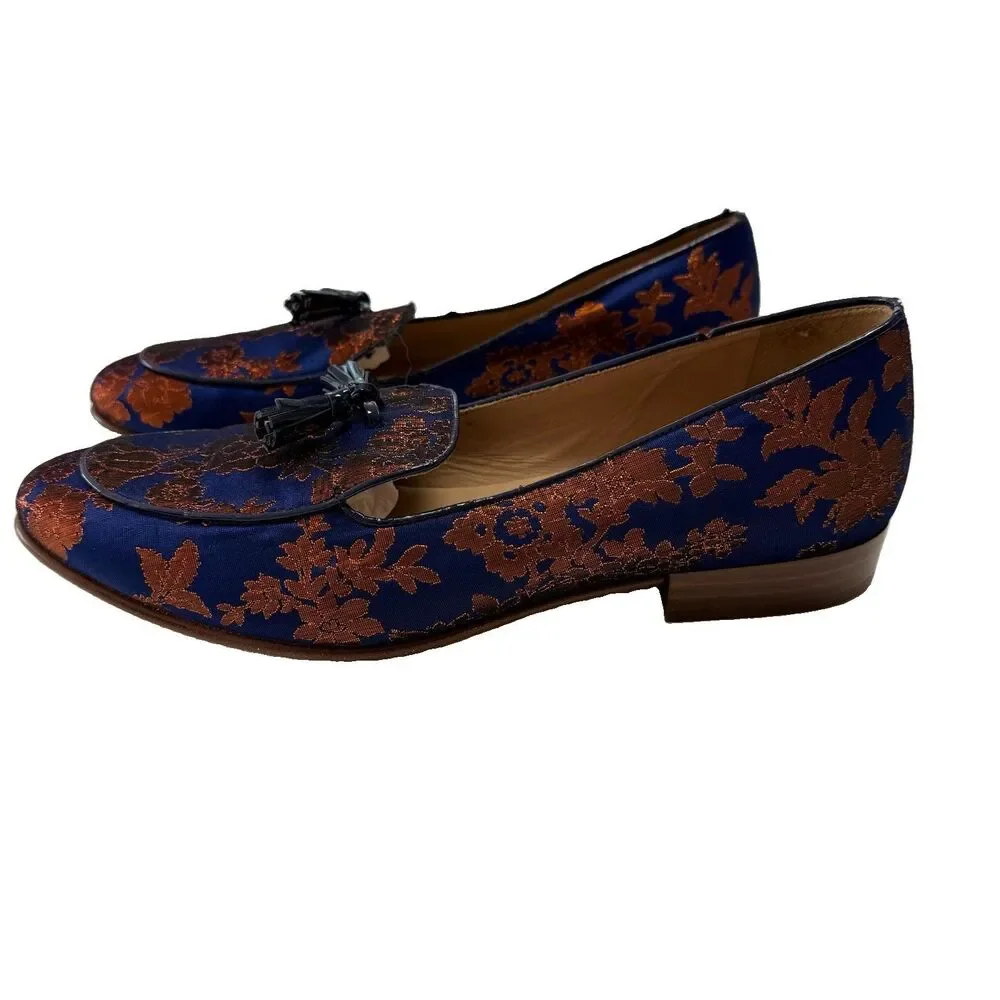 J. Crew Navy & Copper Orange Metallic Jacquard Tasseled Leather Sole Loafer Sz 7